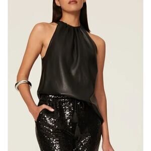 Joie Bonita Top Faux Leather Gathered Halter Neck Sleeveless Keyhole Black Small